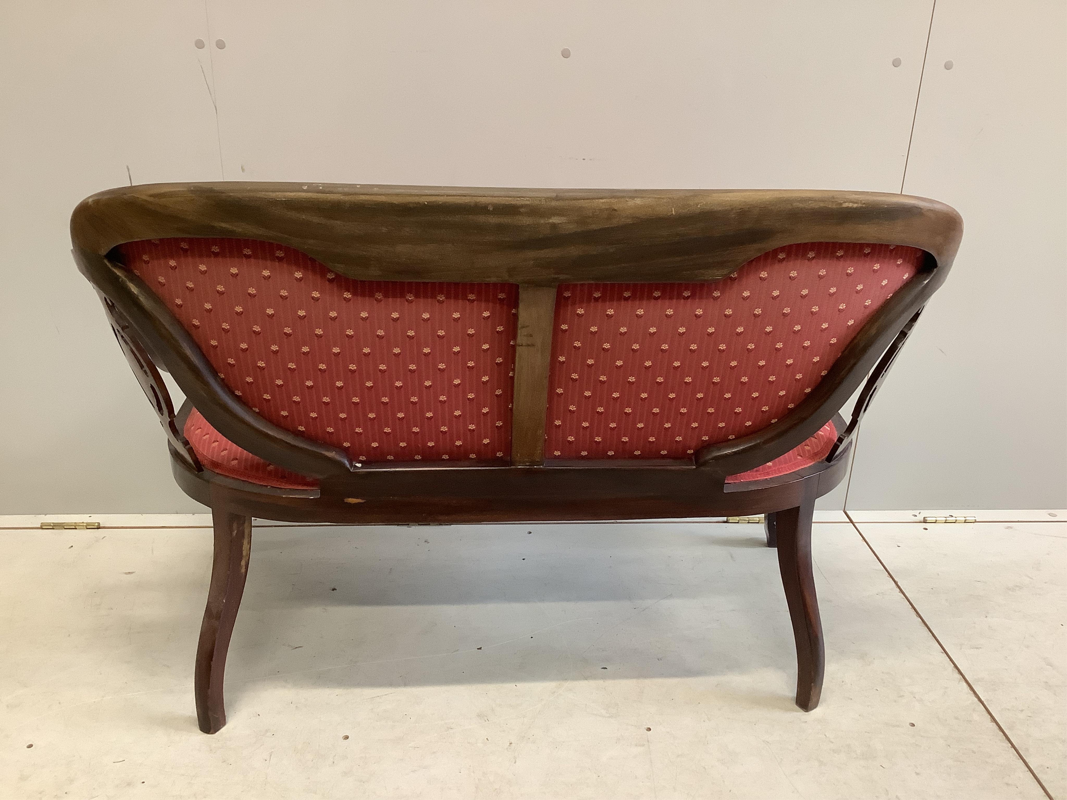 A late Victorian marquetry inlaid mahogany salon sofa, width 117cm, depth 46cm, height 79cm. Condition - fair CITES Submission reference NN6DUT8U